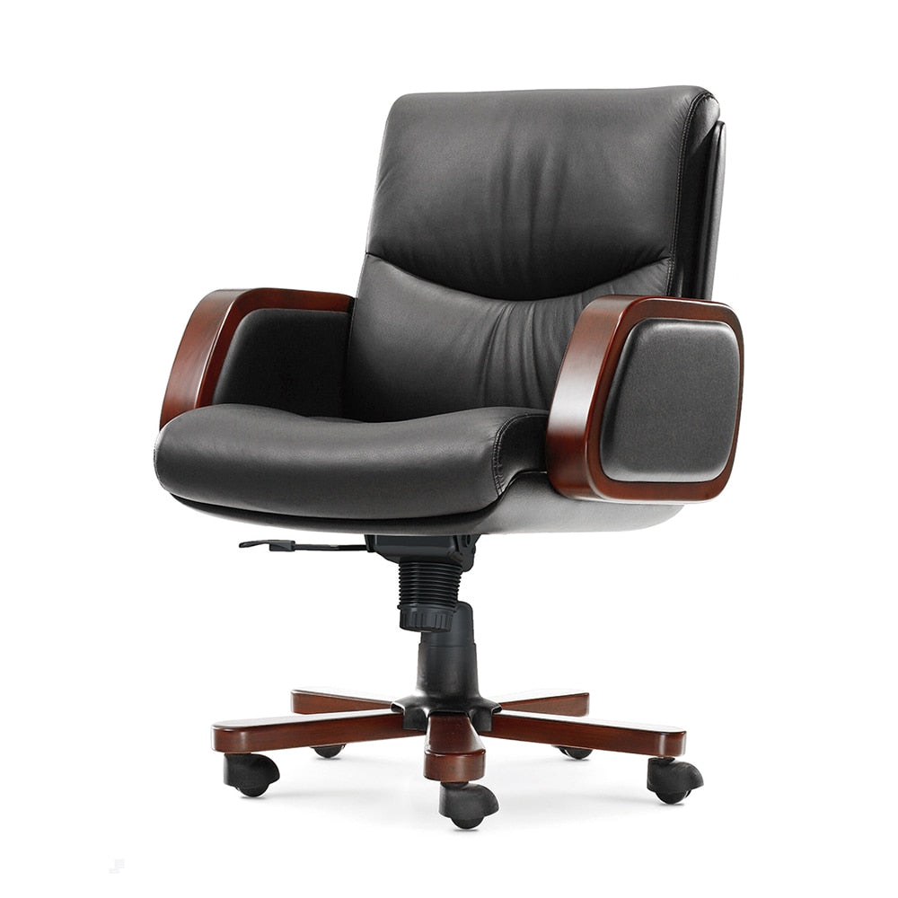 Wood Armrest Executive Chair Genuine Leather Reclining Computer Chairs