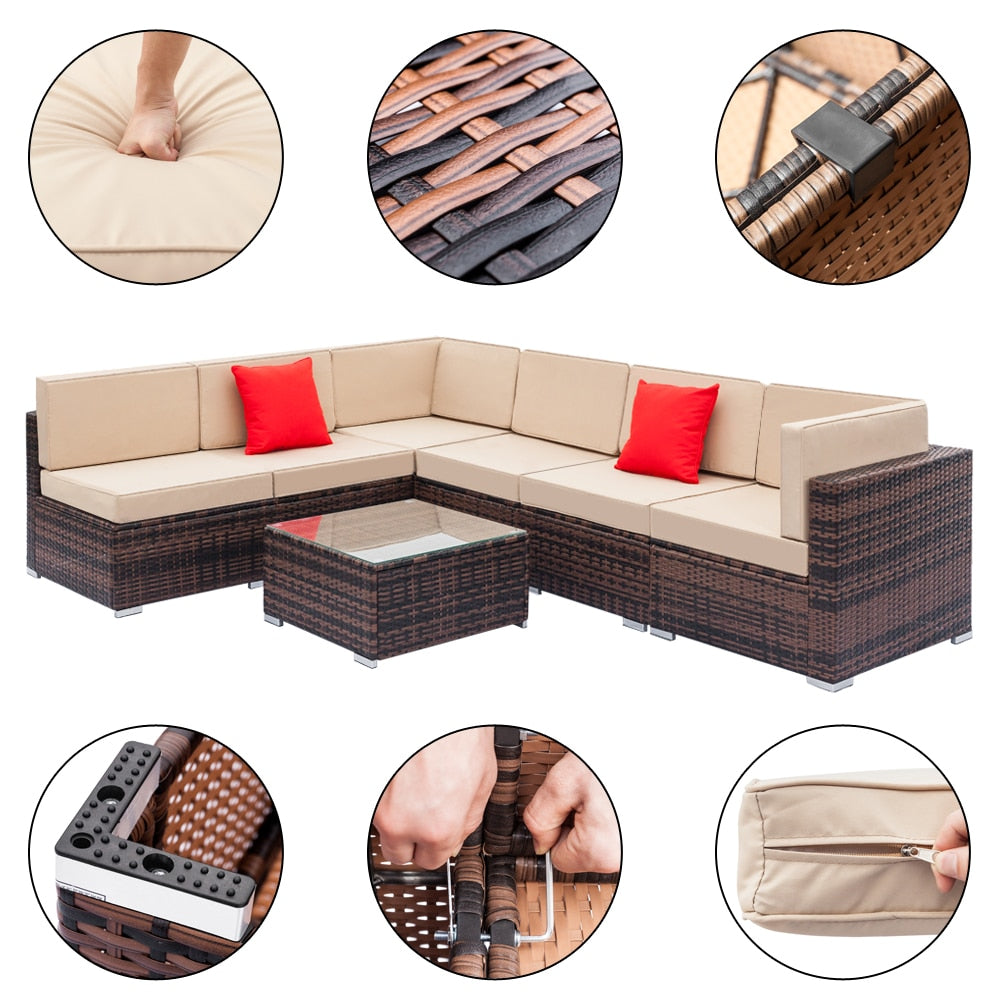Fully Equipped Weaving Rattan Sofa Set with 2pcs Corner Sofas & 4pcs Single Sofas