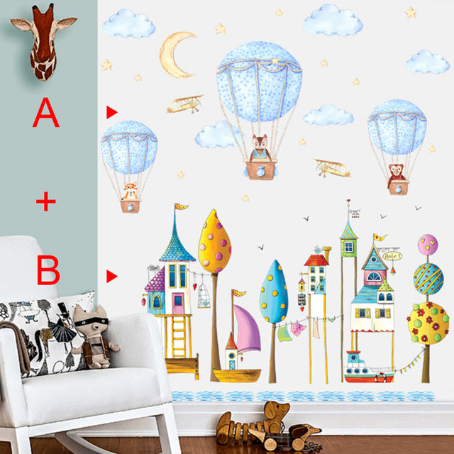 Cartoon Animal Hot Air Balloon Wall Sticker For Kids Room Children Baby Bedroom